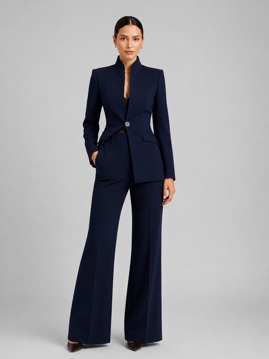 Navy single-breasted blazer and flared trouser set