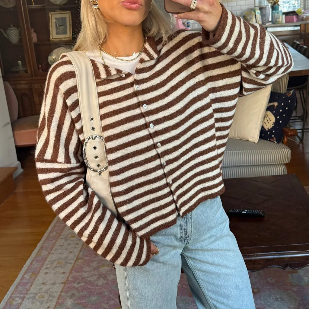 Women's striped knit cardigan with collar and button front, worn by a model, front view