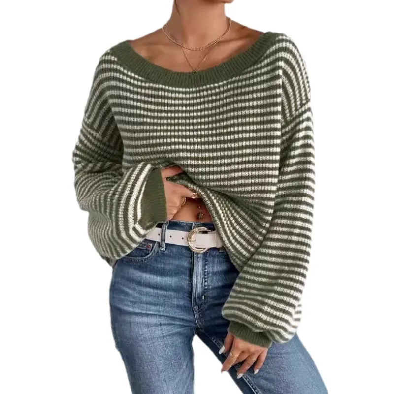 Side view of a striped off-shoulder knit sweater