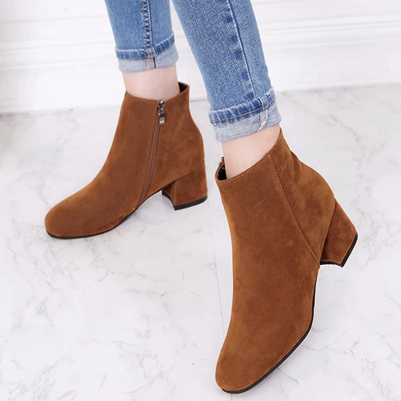 Suede ankle boots side view with block heel