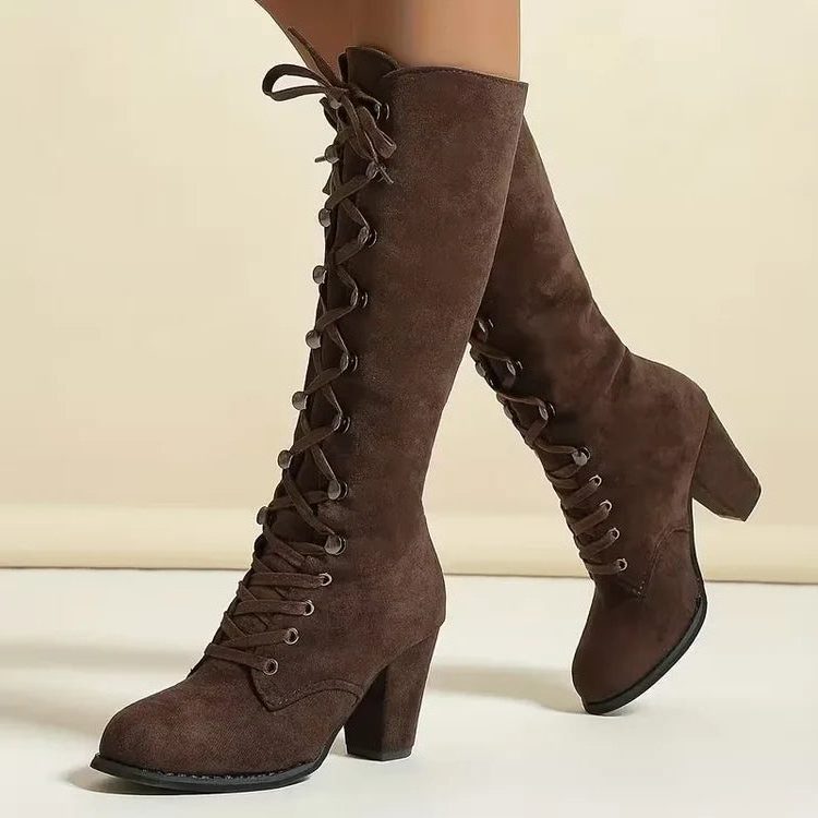 Women's suede knee-high boots with lace-up front and block heel