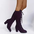 Women's suede lace-up knee-high boots angled view