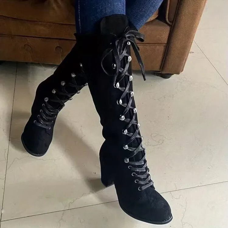 Suede knee-high boots with lace-up front and block heel
