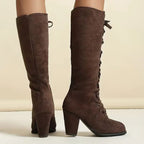 Suede knee-high block heel boots with metal eyelets