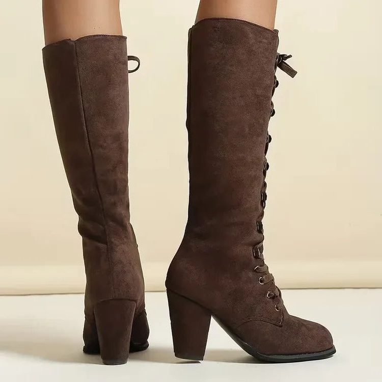 Suede knee-high block heel boots with metal eyelets