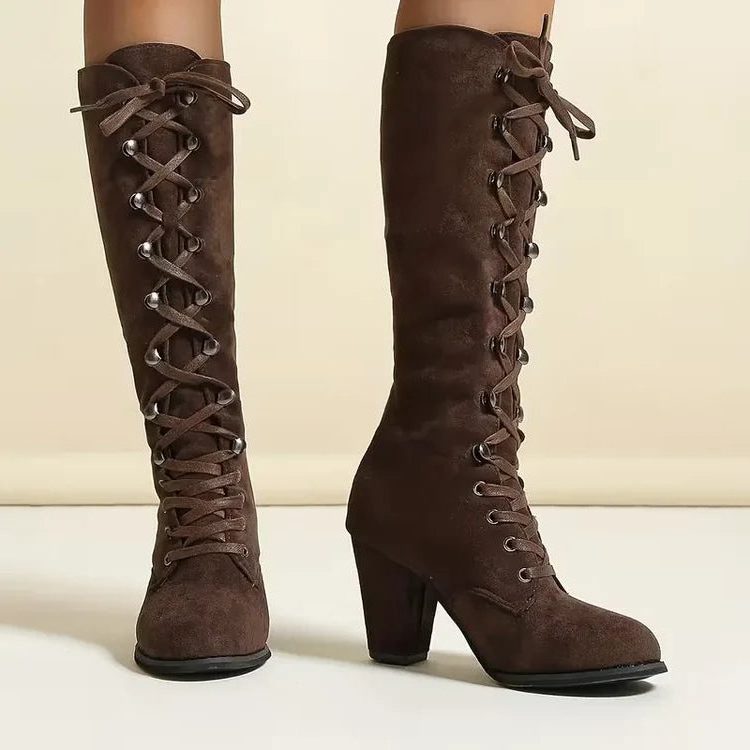 Women's suede lace-up knee-high boots rear view