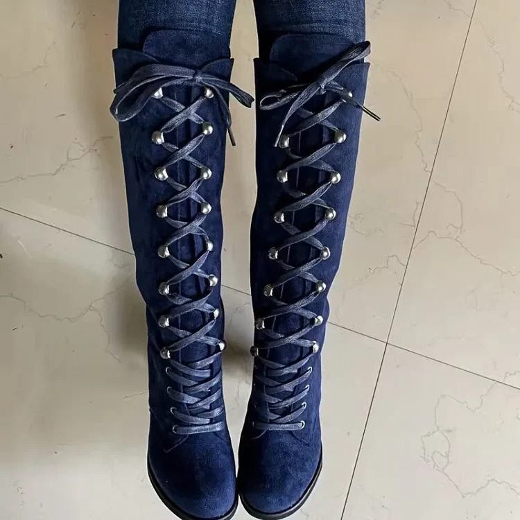 Suede knee-high lace-up boots block heel detail