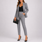 Women's tailored blazer and trousers suit set, front view on model