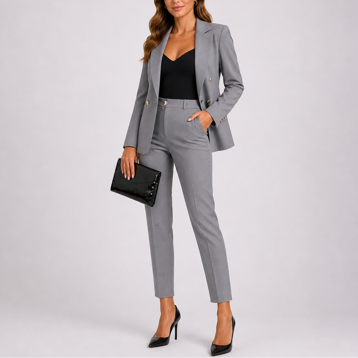 Women's tailored blazer and trousers suit set, front view on model