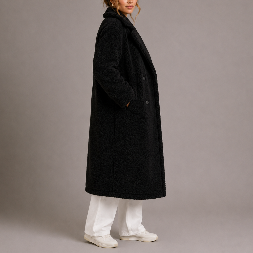 Teddy coat with oversized lapel collar on a model