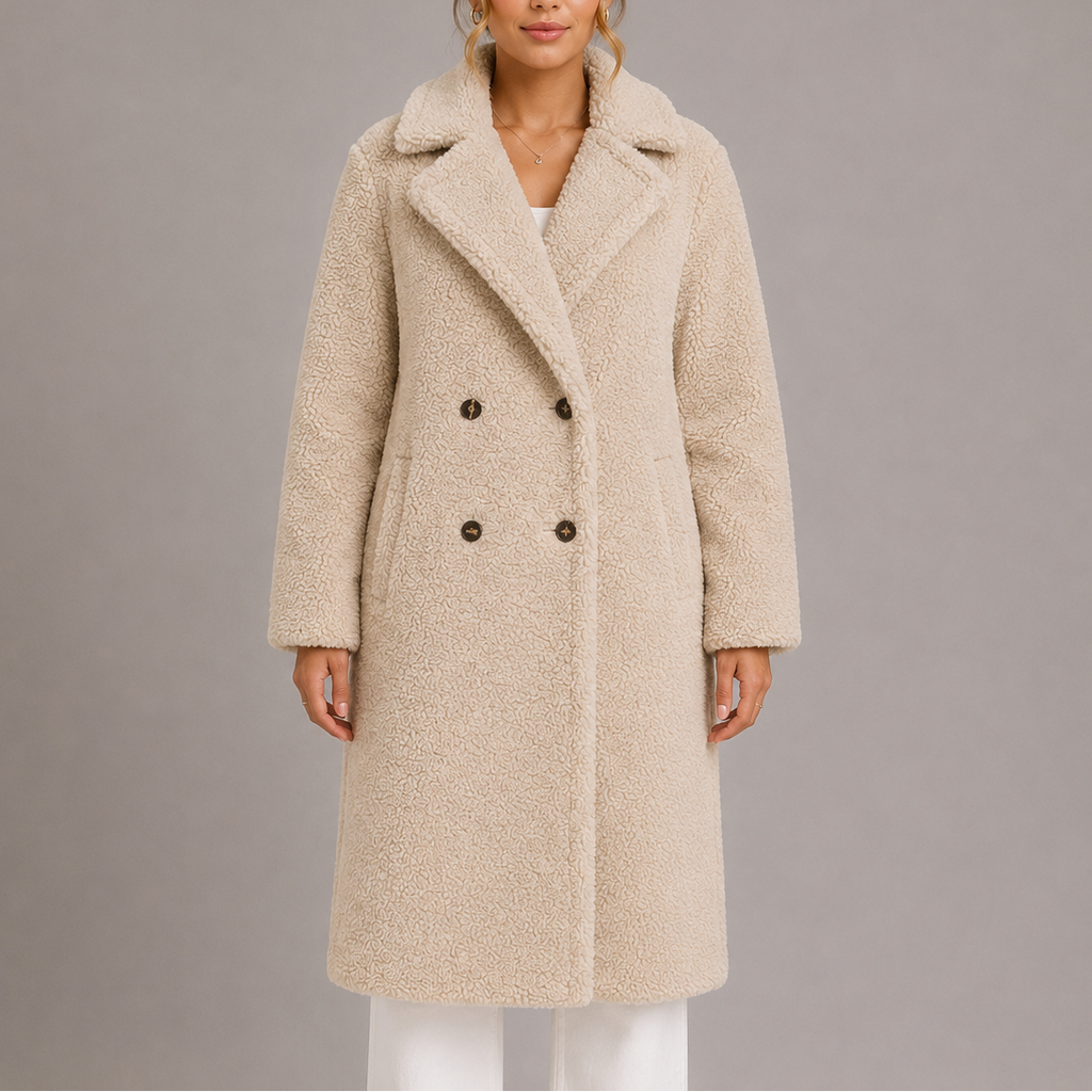 Woman wearing a long double-breasted teddy faux fur coat