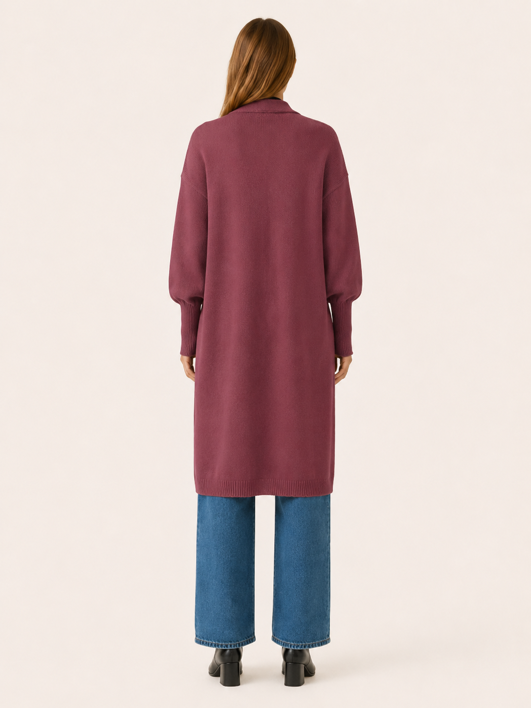 Long Cardigan with Balloon Sleeves and Front Pockets