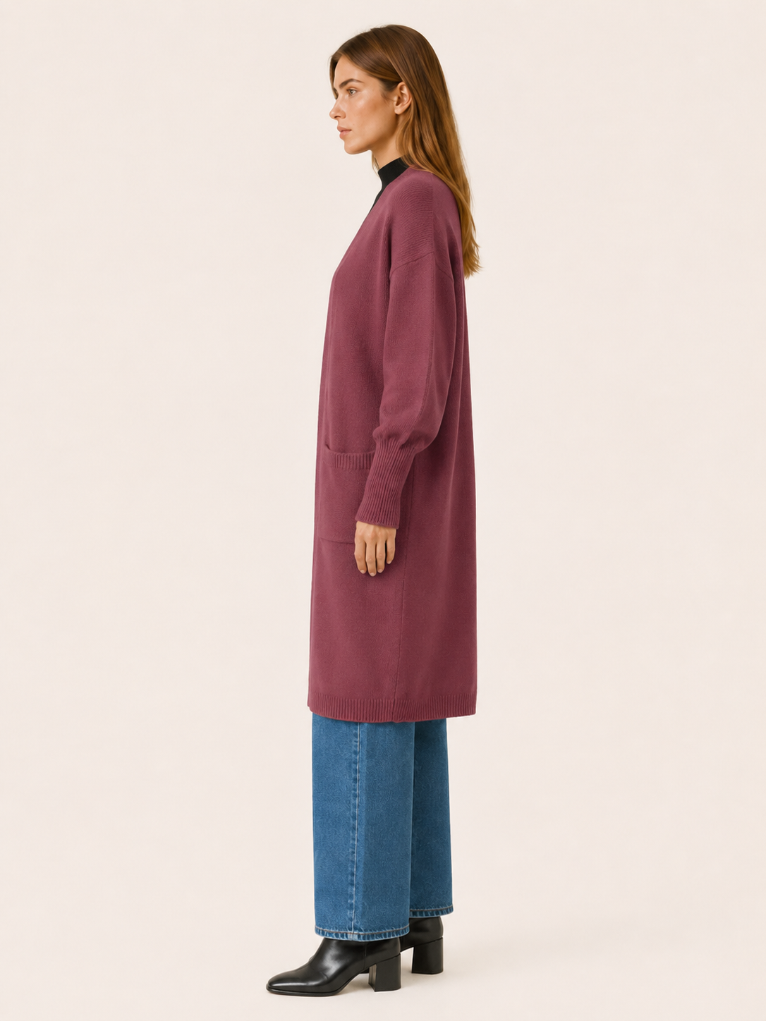 Long Cardigan with Balloon Sleeves and Front Pockets