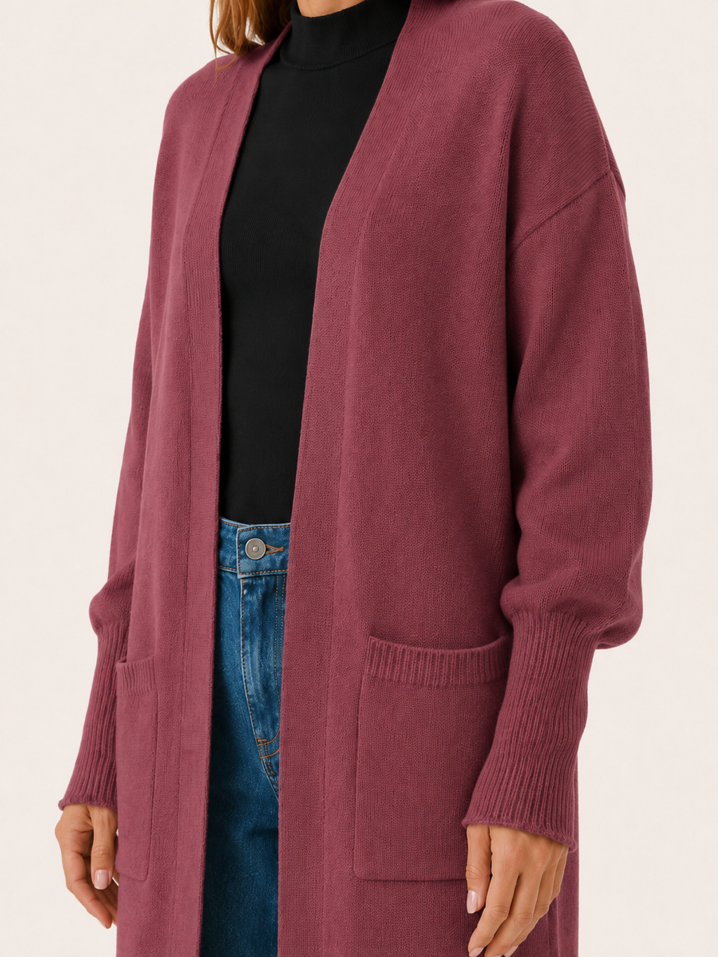 Long Cardigan with Balloon Sleeves and Front Pockets