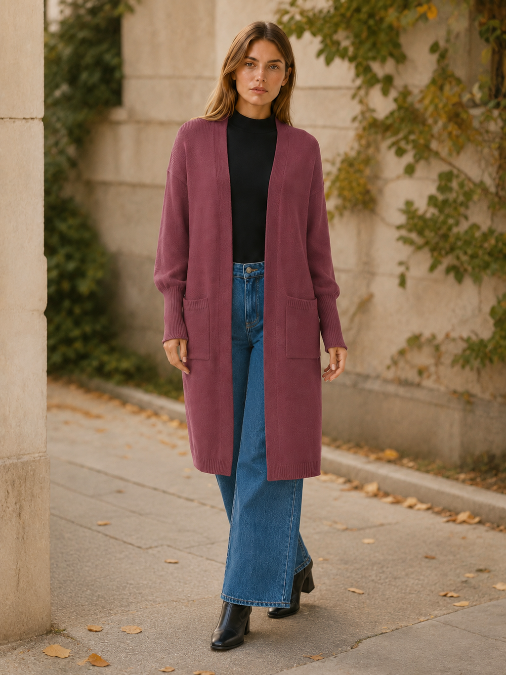 Long Cardigan with Balloon Sleeves and Front Pockets