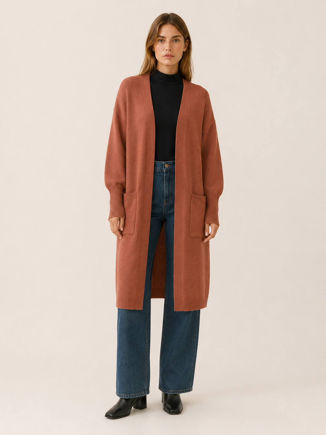 Long Cardigan with Balloon Sleeves and Front Pockets - Brown