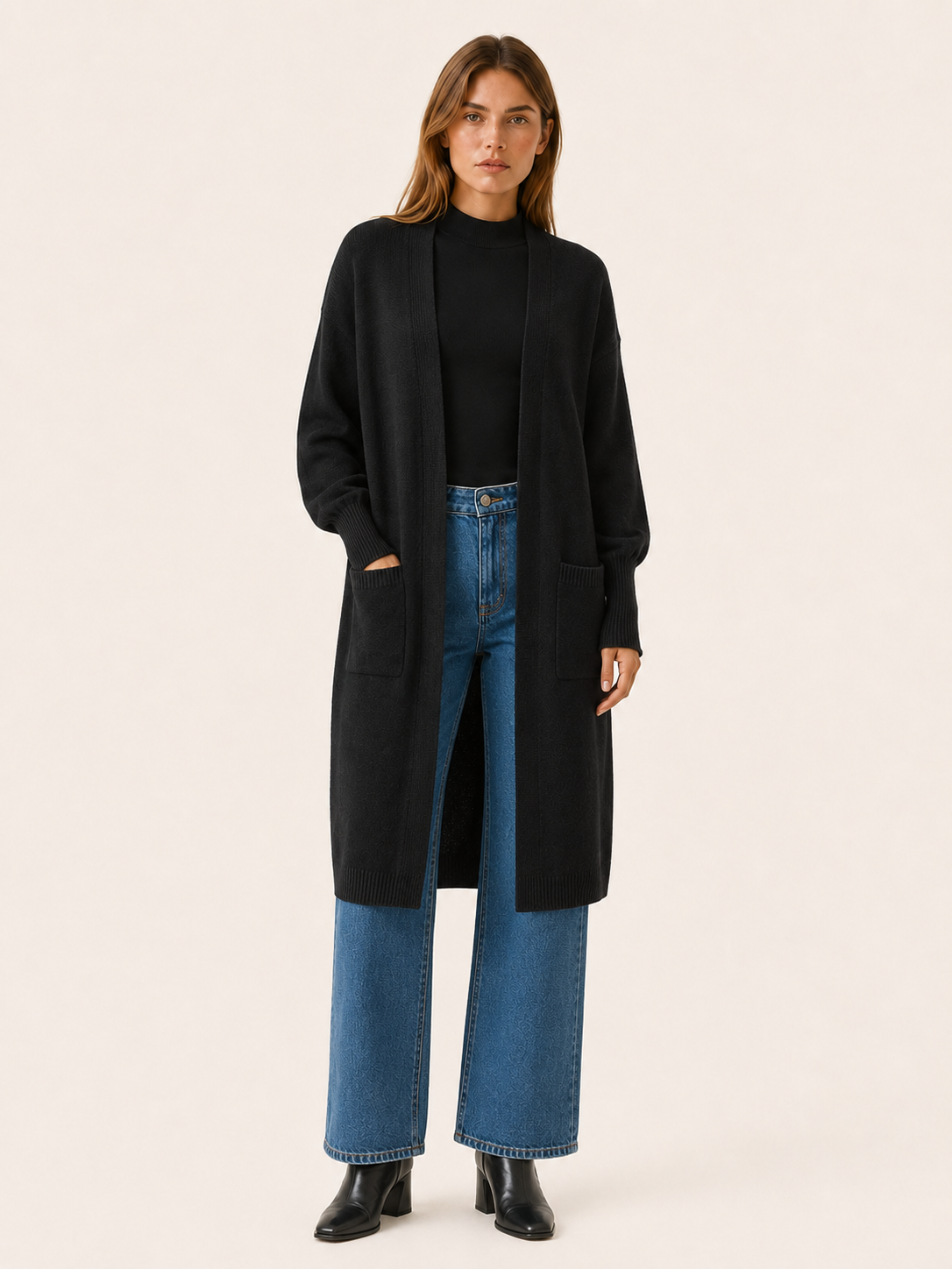 Long Cardigan with Balloon Sleeves and Front Pockets - Black