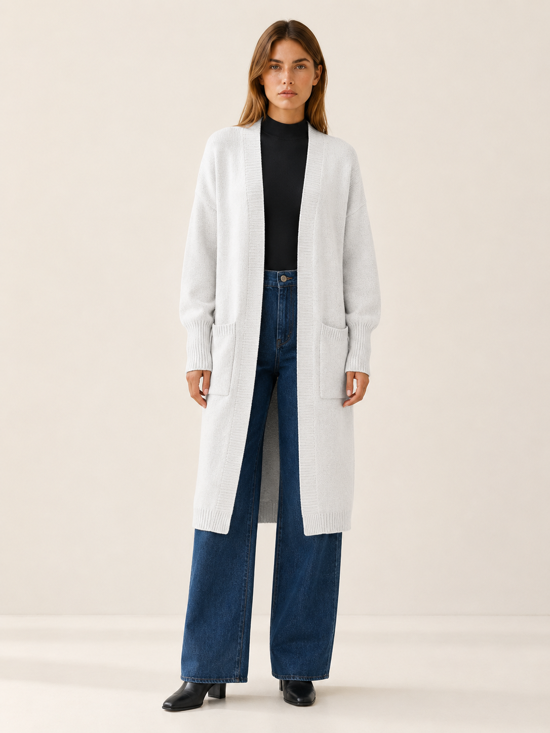 Long Cardigan with Balloon Sleeves and Front Pockets - White
