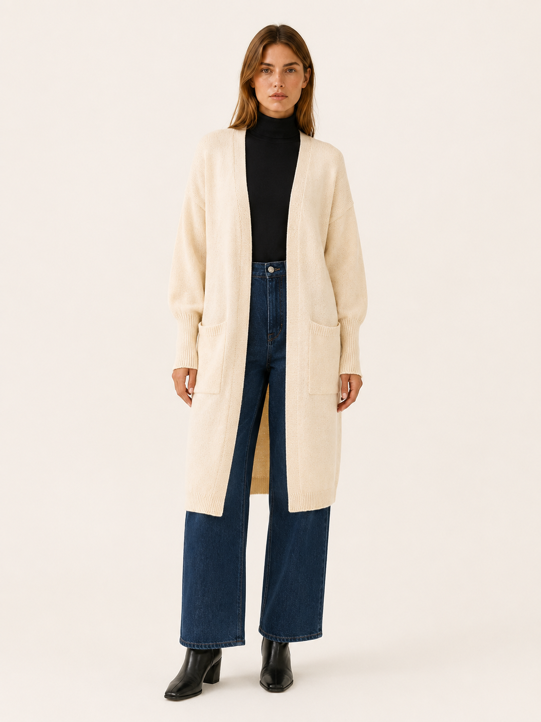 Long Cardigan with Balloon Sleeves and Front Pockets - Beige
