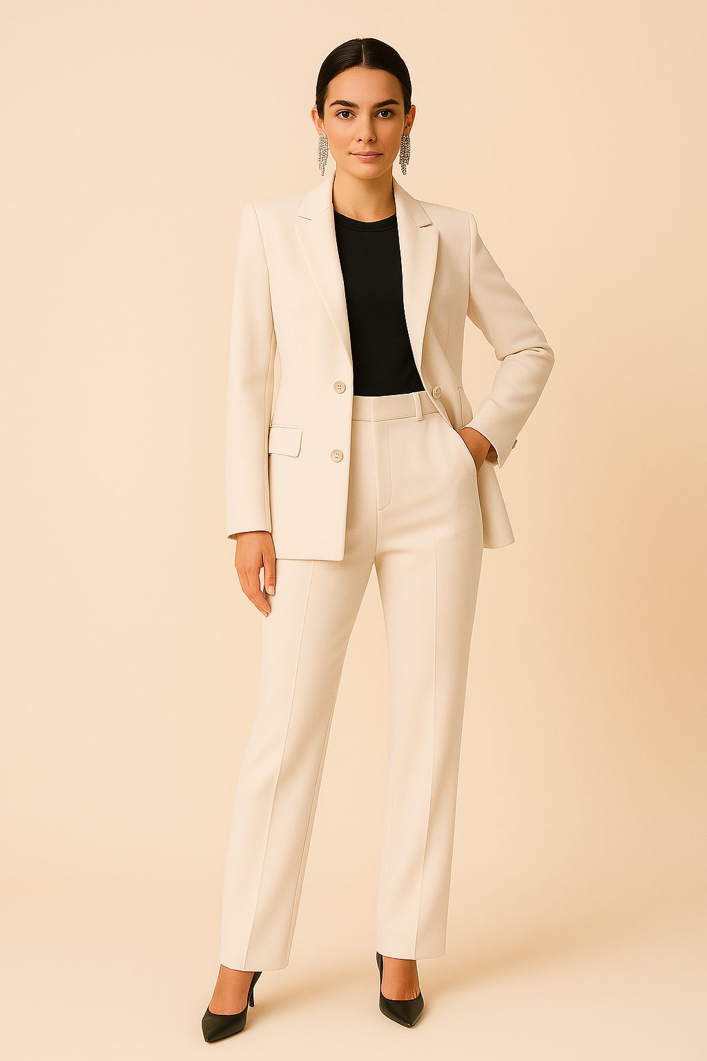 Beige two-button blazer and straight-leg trouser suit