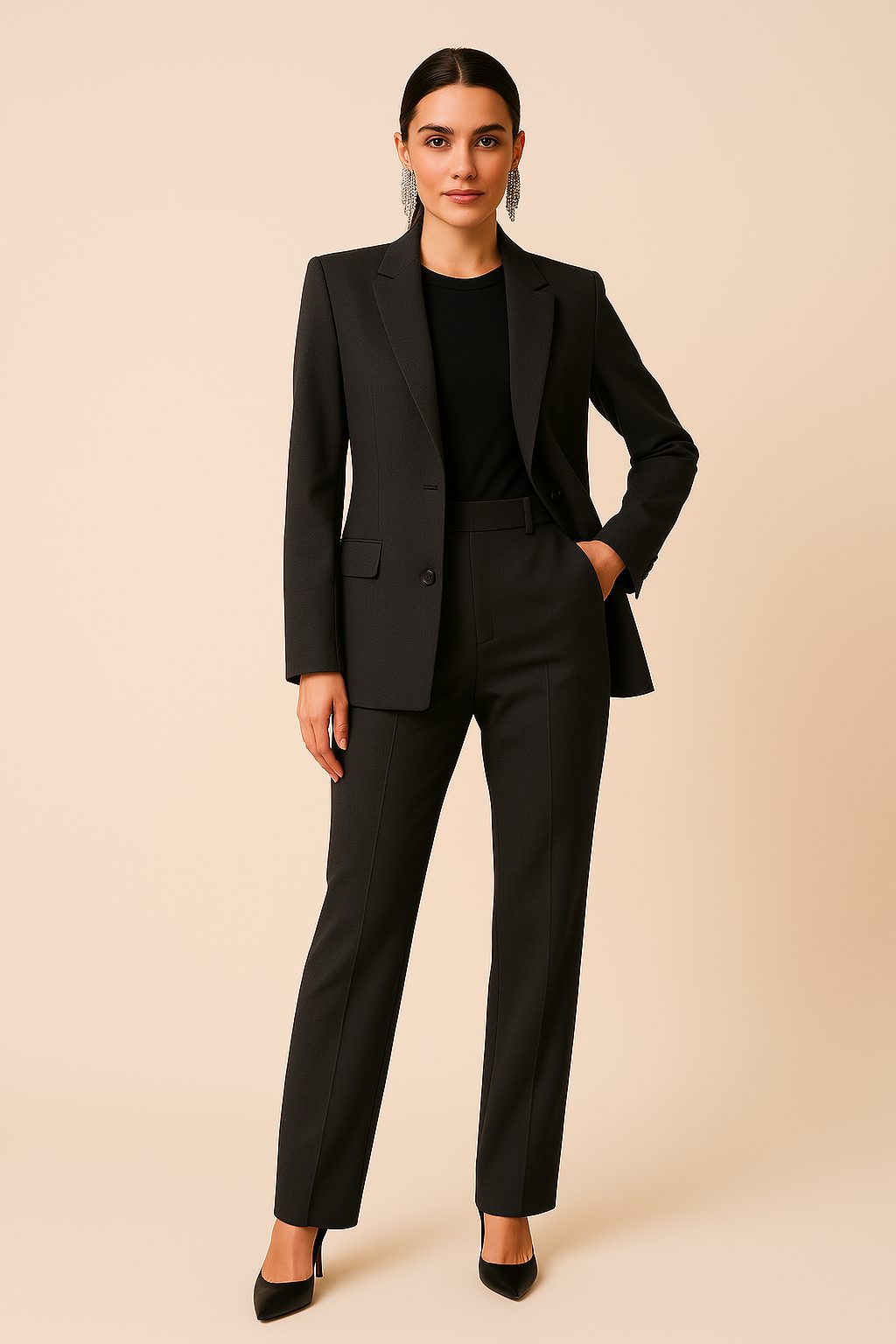 Black two-button blazer and straight-leg trouser suit