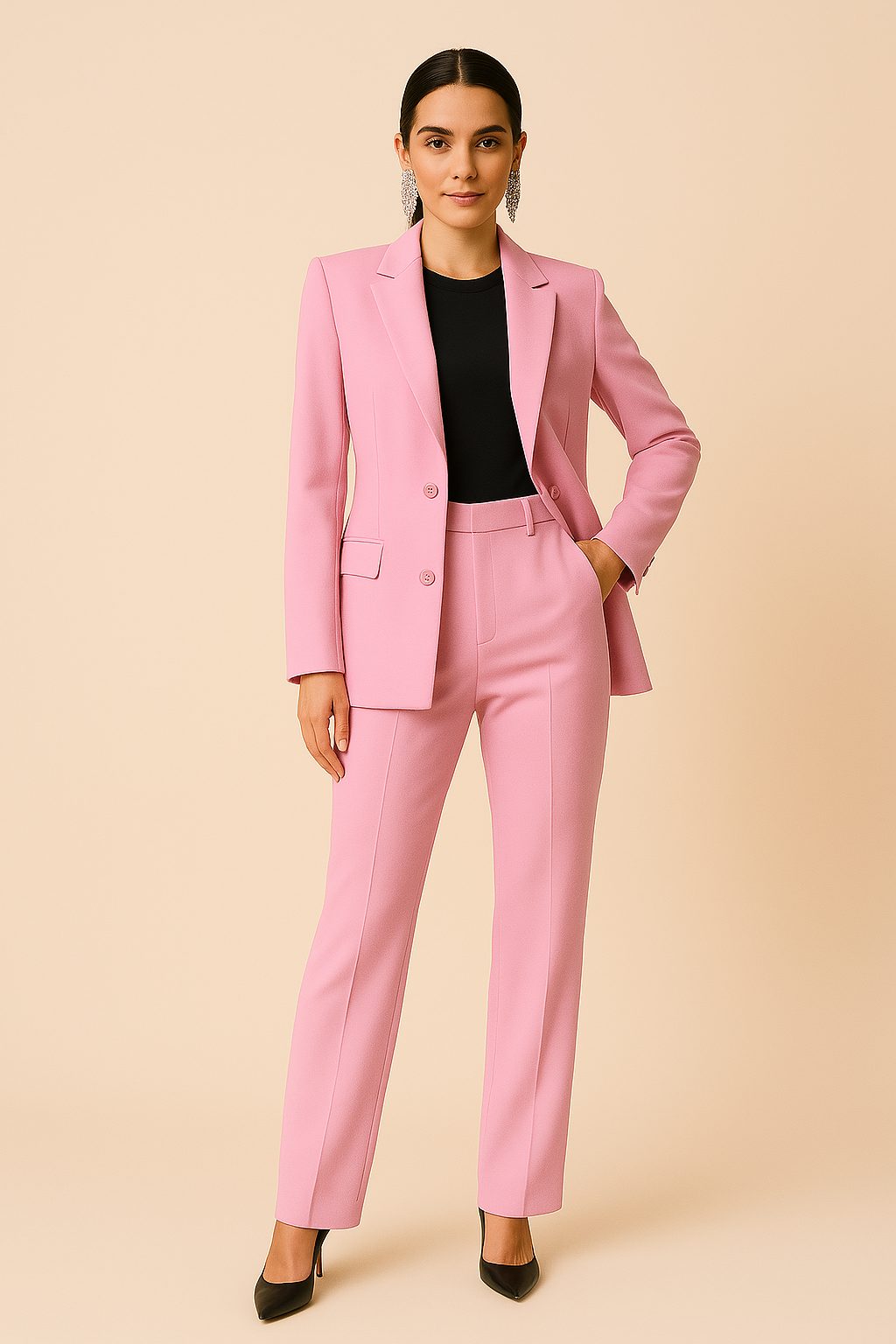 Woman wearing a pink two-button blazer and straight-leg trouser suit