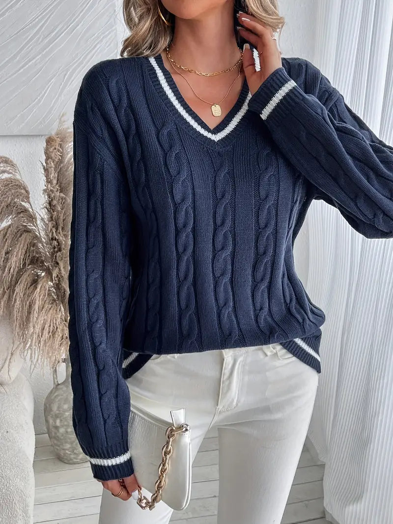 V-neck cable knit sweater in navy blue with white stripe trim
