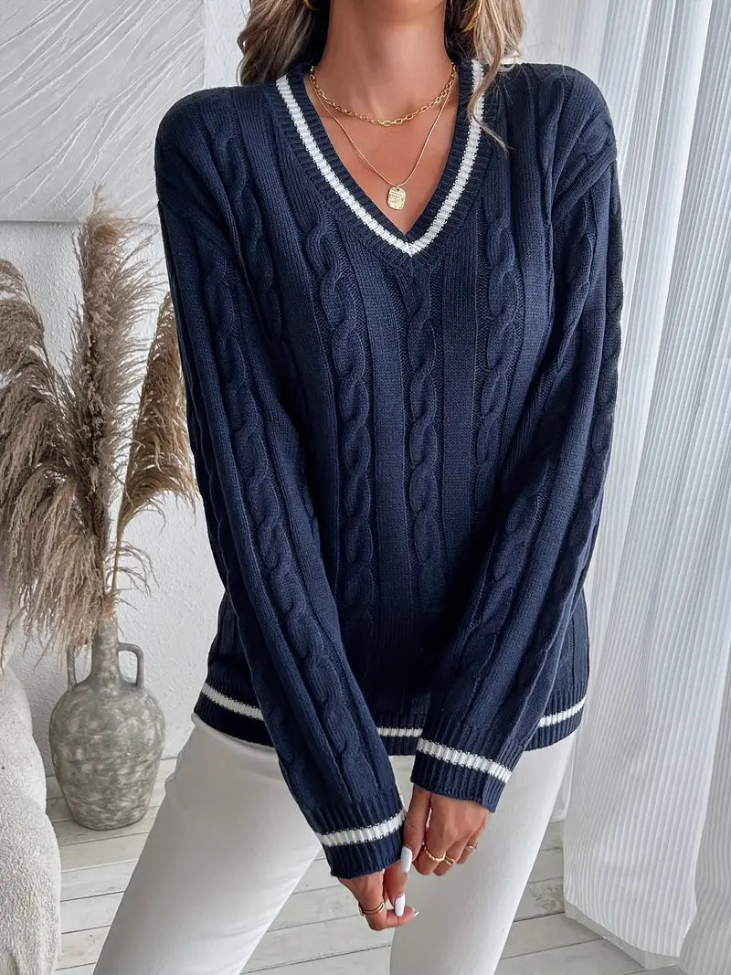 V-neck cable knit sweater in navy blue front view