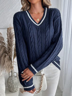 V-neck cable knit sweater in navy blue detail view