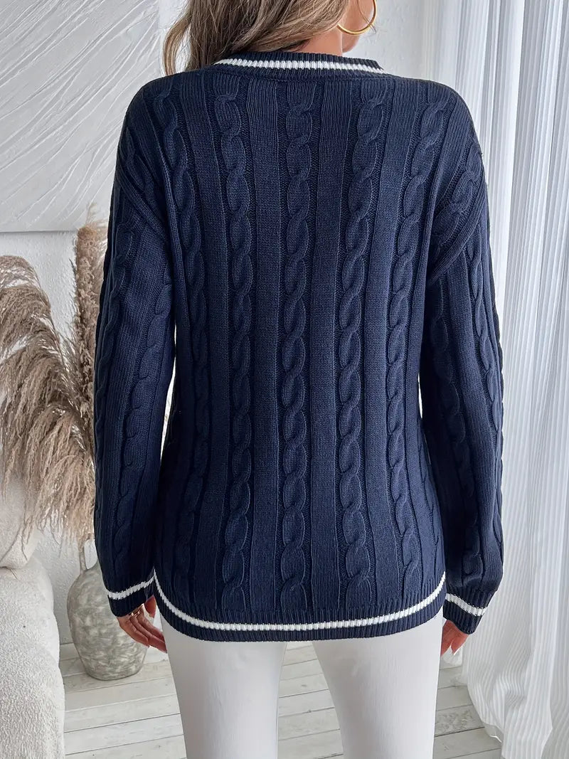V-neck cable knit sweater in navy blue back view