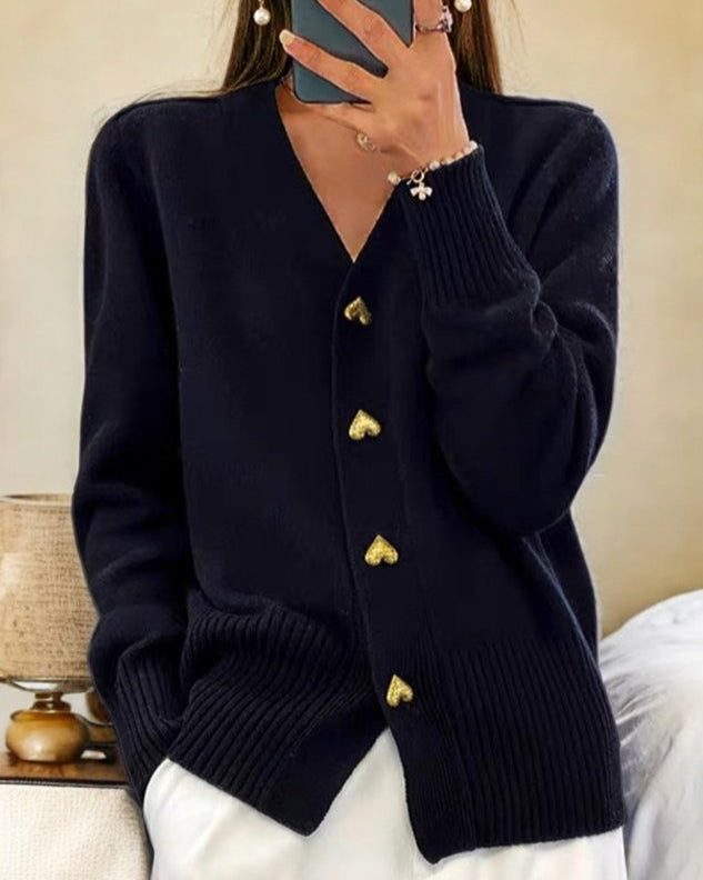 V-neck cardigan with gold heart buttons in black
