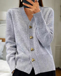 V-neck cardigan with gold heart buttons in grey