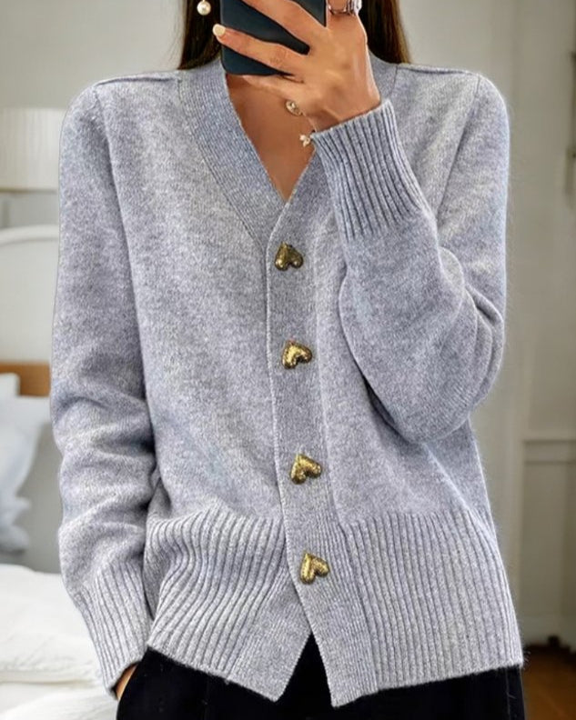 V-neck cardigan with gold heart buttons in grey