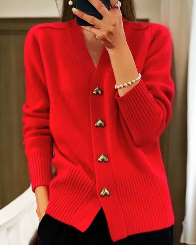 V-neck cardigan with gold heart buttons in red