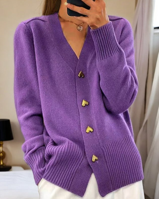 V-neck cardigan with gold heart buttons in violet