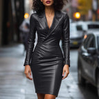 Model wearing black vegan leather wrap midi dress