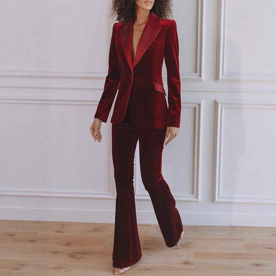 Velvet blazer and flared trouser set shown on model
