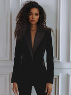 Velvet blazer notch lapel and button close-up