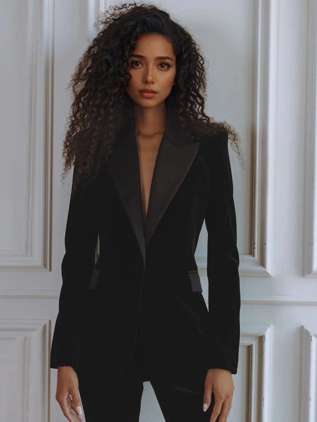Velvet blazer notch lapel and button close-up