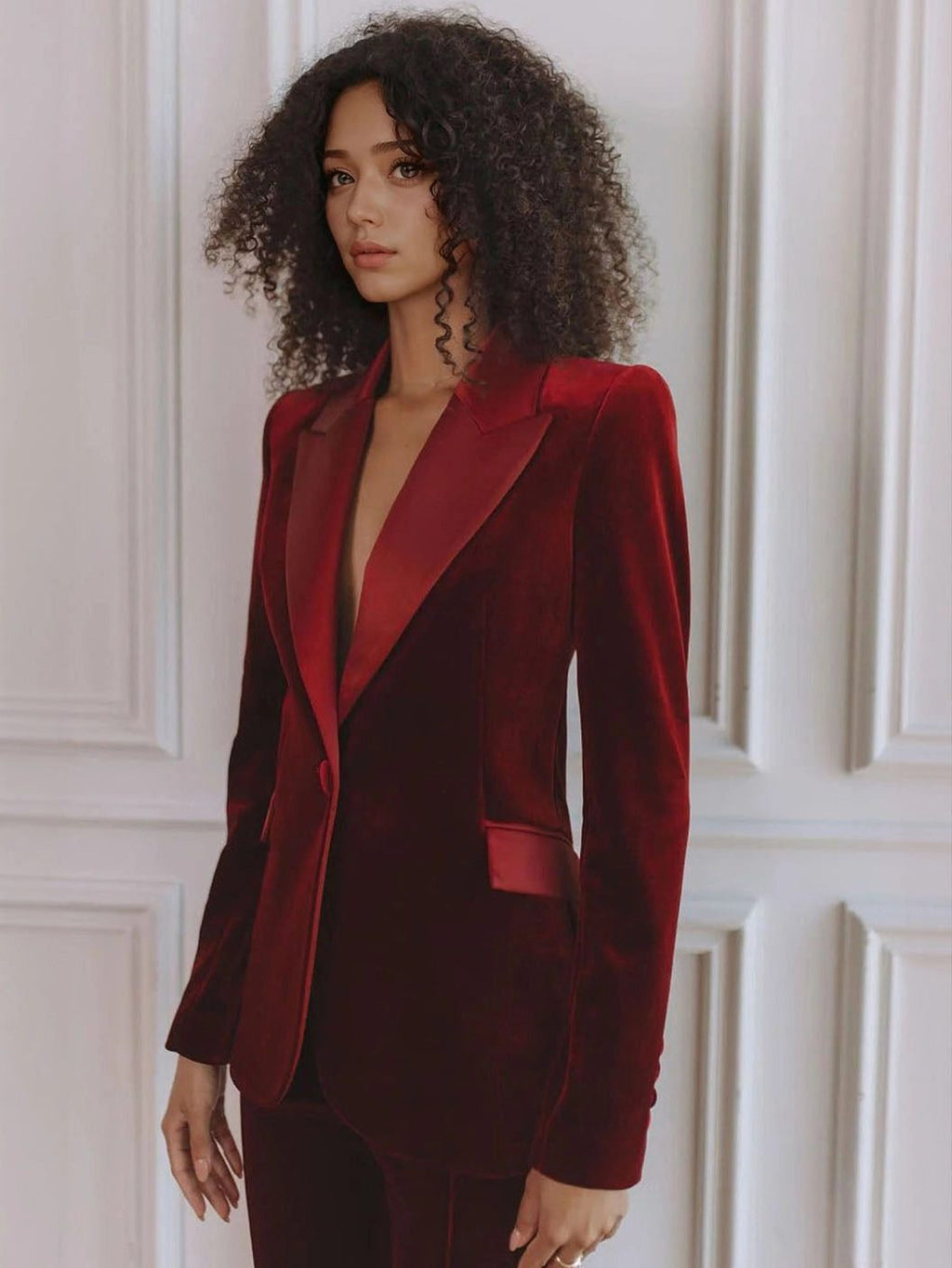 Velvet two-piece set showing flared trousers