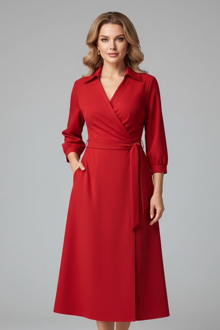 Wedding guest wrap midi dress showing relaxed fit