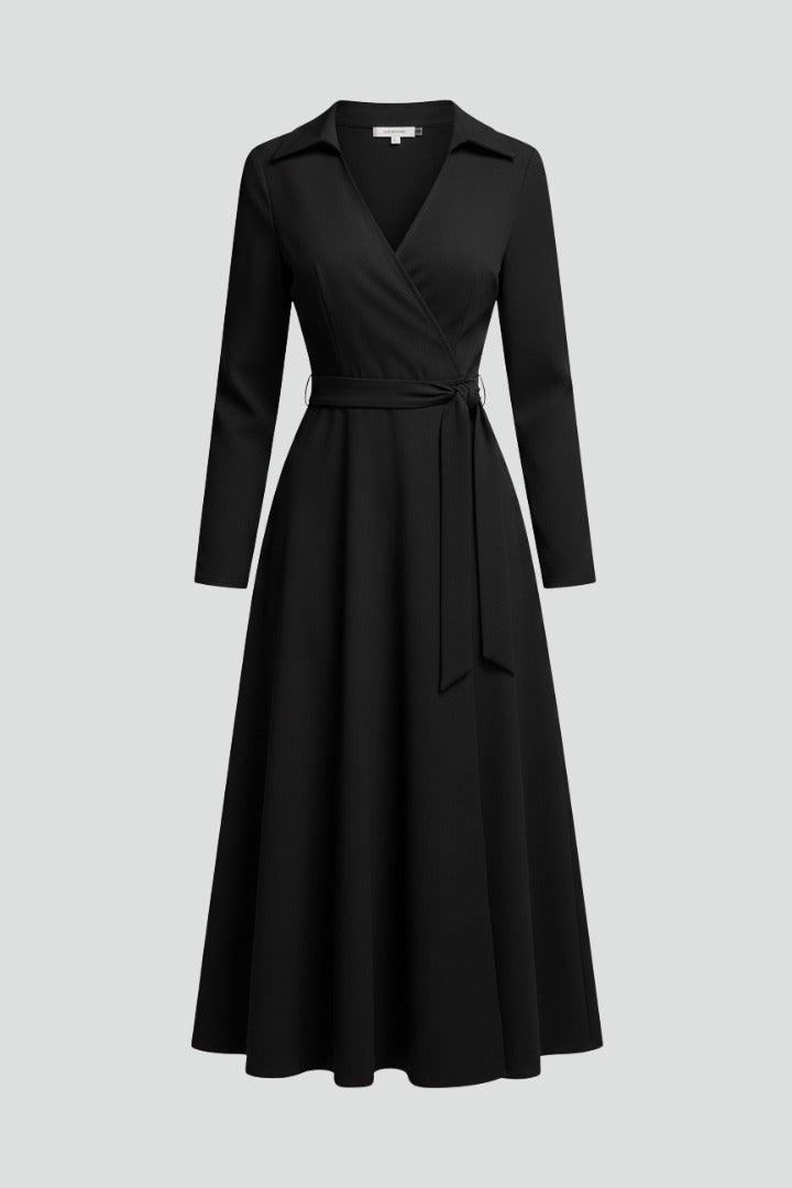 Sleeveless wrap midi dress shown on model, front view