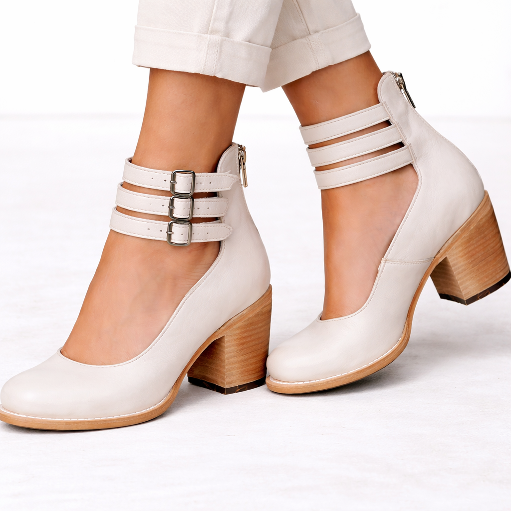 White heeled ankle-strap sandals
