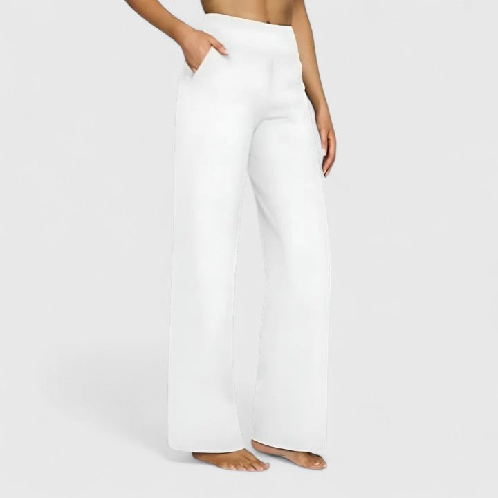 Pull-on wide-leg trousers on a model, side view