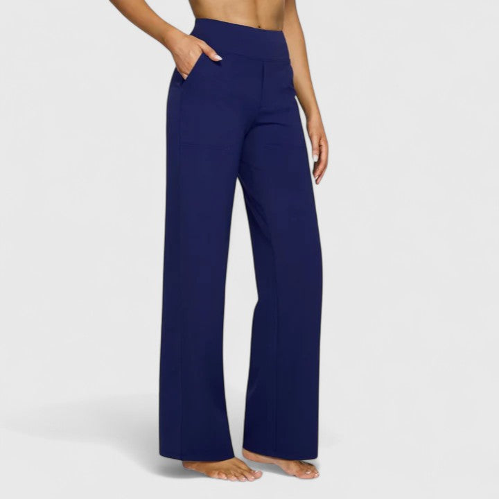 Wide-leg trousers with deep side pockets on a model