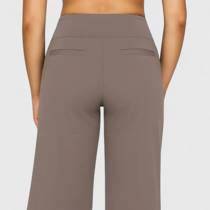 Wide-waistband pull-on trousers displayed in a further colour on a model