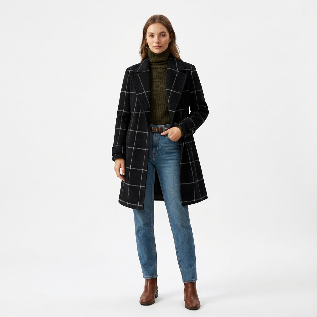Windowpane check coat shown in a further colourway