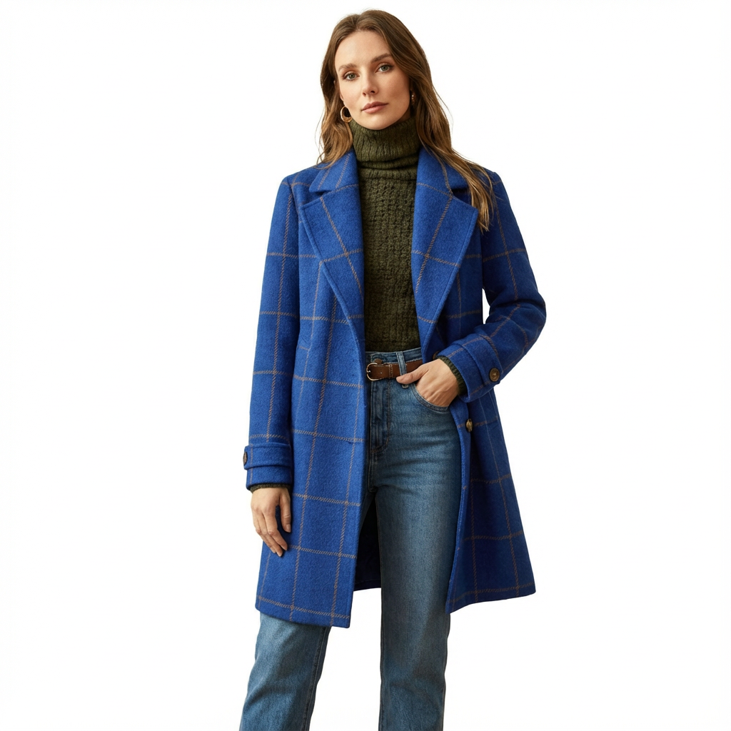 Windowpane check coat with notched lapel collar