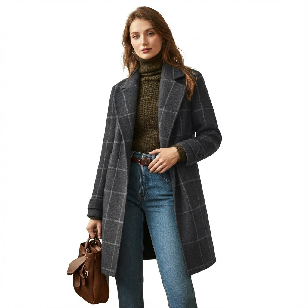 Windowpane check midi coat with turn-back cuffs