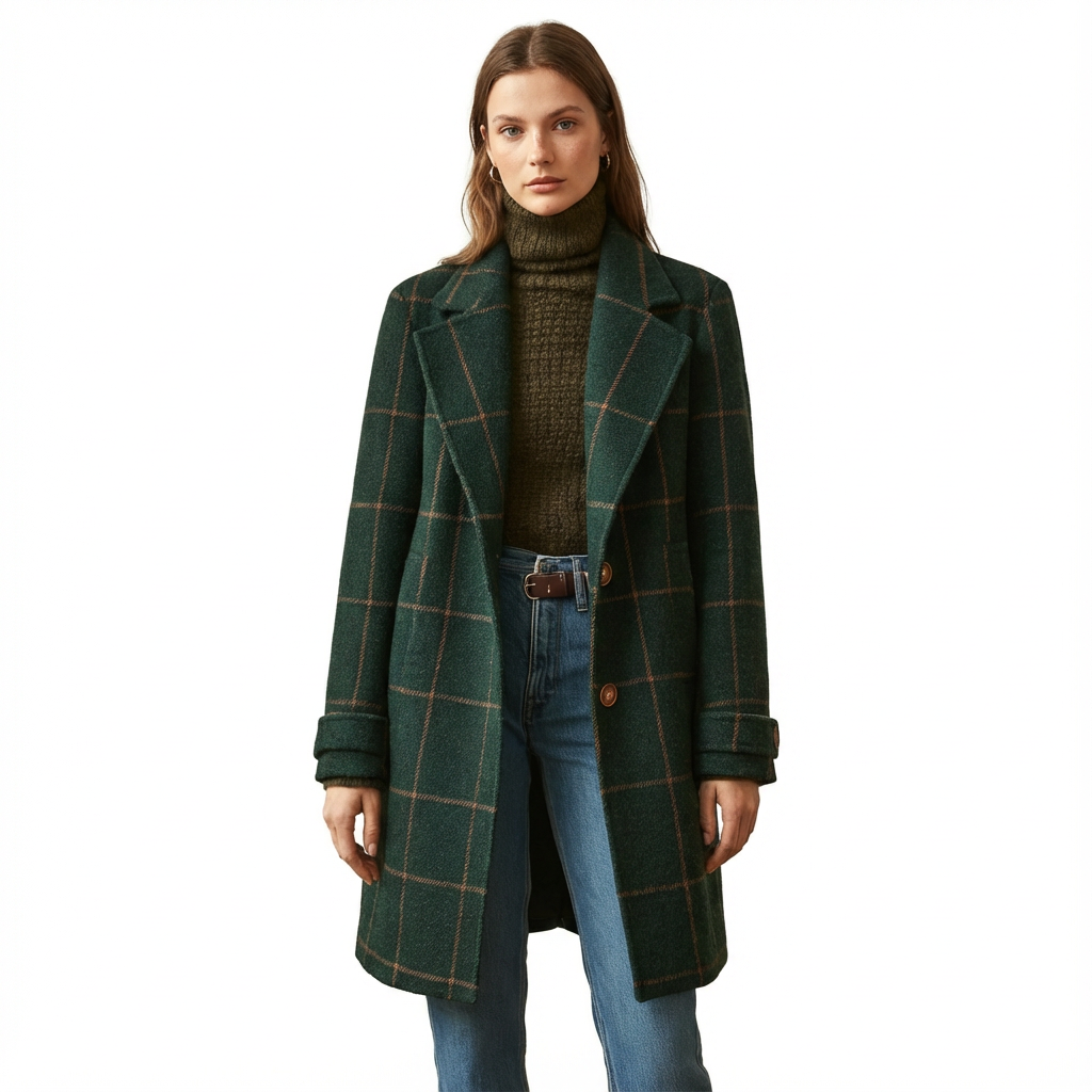 Classic windowpane check coat shown from the front